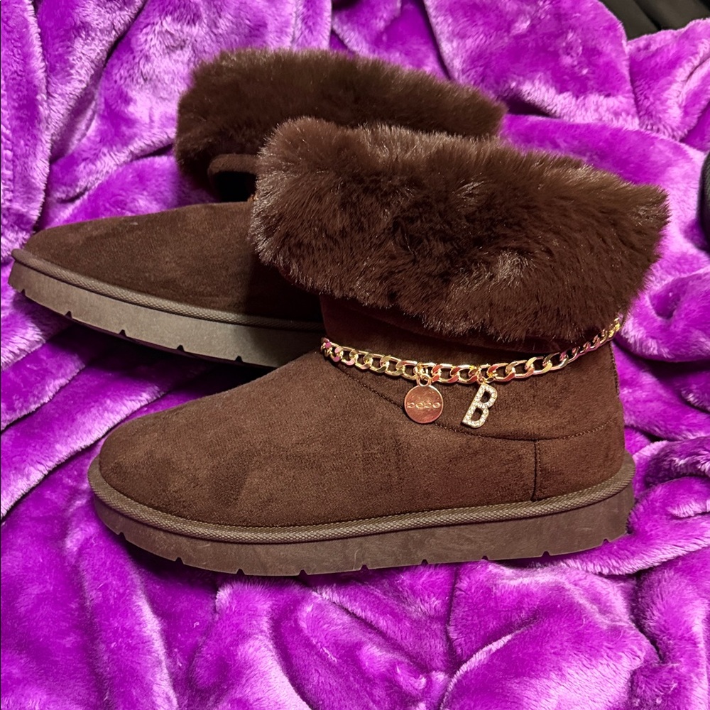 bebe Brown Ankle Boots with Fur Trim